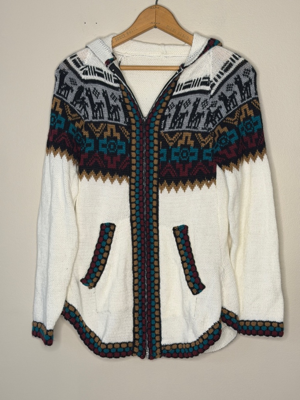 Cream Hooded Alpaca Zip Cardigan with Teal & Burgundy Accents (from Peru)